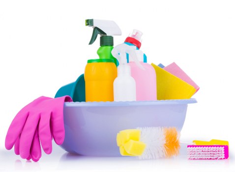 Cleaning staff using approved chemical safety procedures