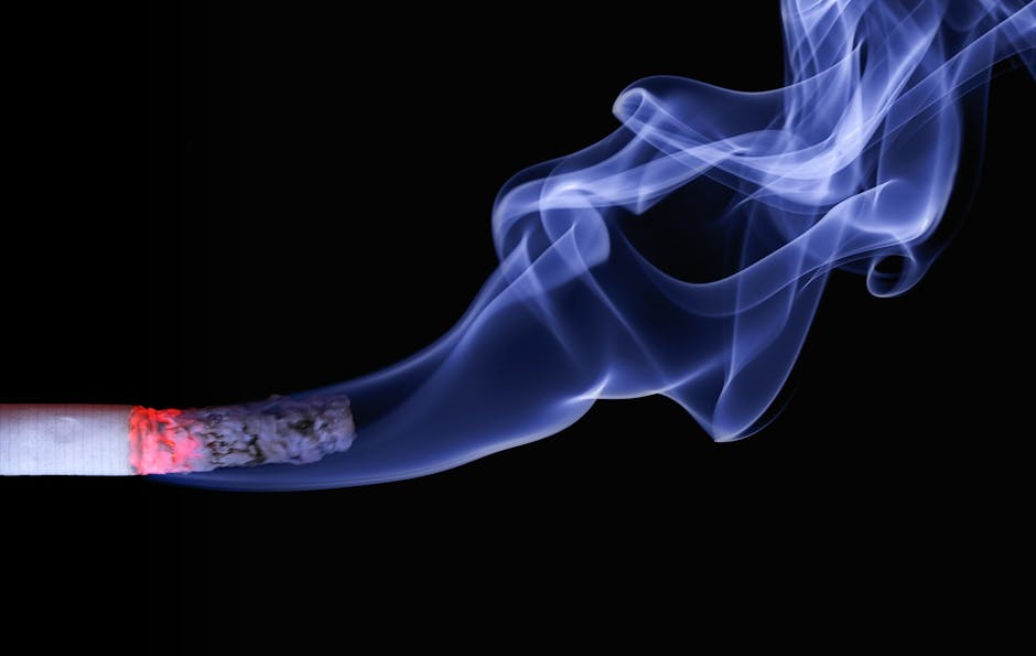 Close-up view of a burning cigarette on the left side, emitting a thin trail of blueish smoke against a black background. The cigarette's white paper and red-lit end are visible, with ash forming at the tip. The surrounding area is dark, highlighting the delicate, swirling smoke that rises upward. This image emphasizes the visual aspects of cigarette smoking and its smoke plumes, relevant to cleaning services aimed at odour removal and sanitisation of indoor spaces such as pubs and flats, as offered by Cleaners Marylebone.